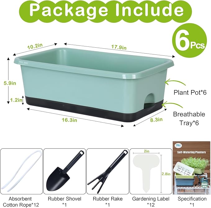 Window Box Planter 6 Pcs, 18 Inches Rectangle Flower Pots with Drainage Holes and Trays, Vegetable Planters for Windowsill Patio Garden Balcony Home Porch Yard Indoor Outdoor (Green, 18*10*6 inch) - Bloomnest