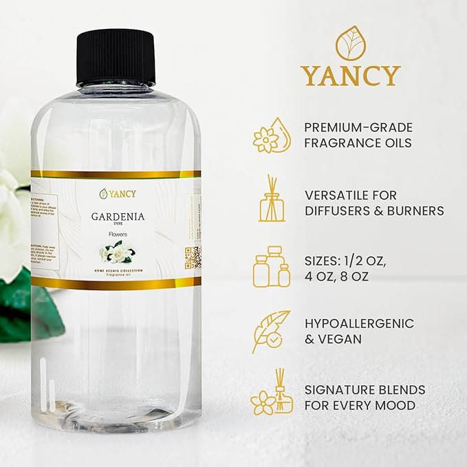 YANCY Gardenia Home Collection Fragrance Oil (8 oz), Pure Gardenia Floral Scent, Elegant Fragrance for Diffusers, Oil Burners & Aroma Lamps, Fresh Floral Ambiance for Any Room YancySpa