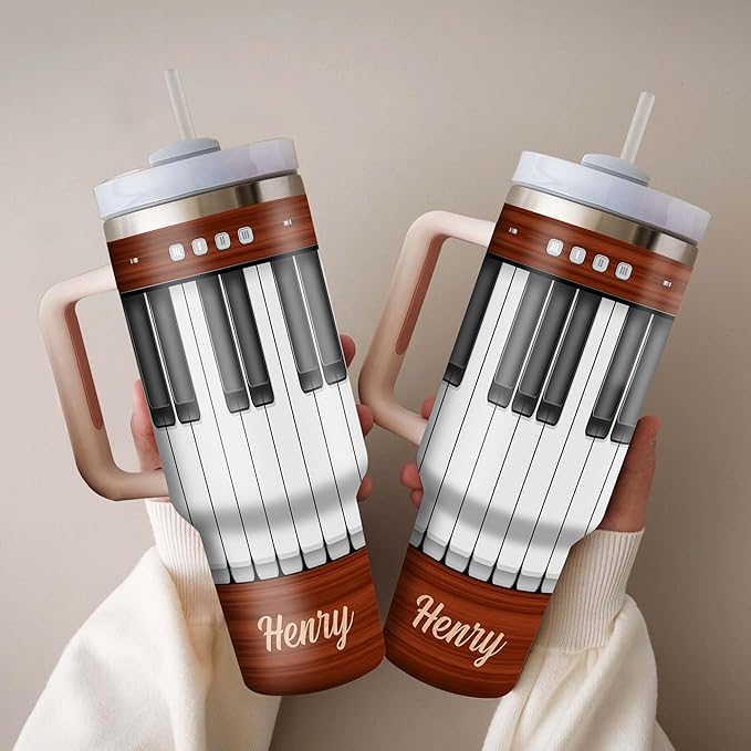 WAZONE Personalized Piano Key Tumbler Cup With Handle and Straw 40oz Custom Name Insulated Tumblers Double Wall Vacuum Birthday Christmas Gifts For Pianist Piano Lover Musician Music Teacher - Bloomnest