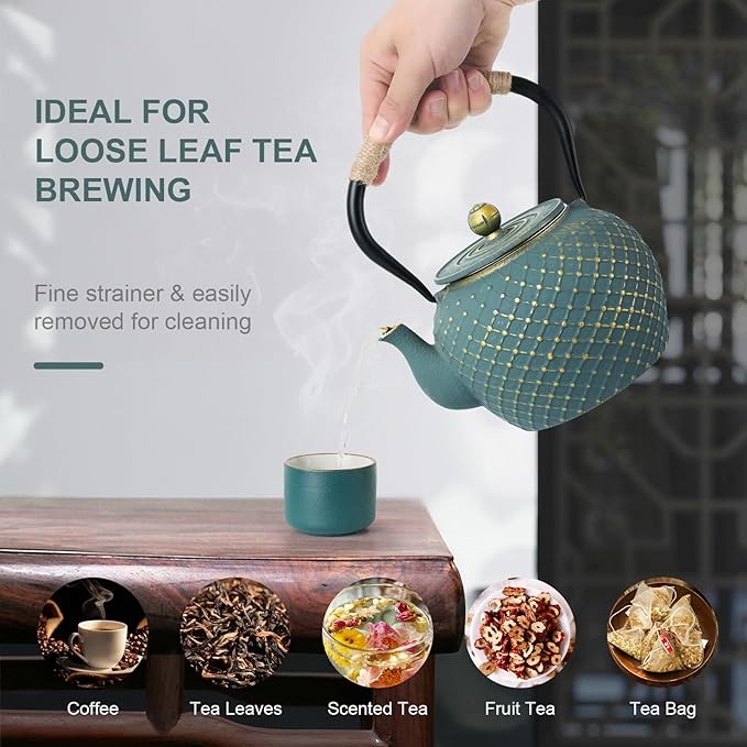 Ufine Japanese Style Cast Iron Teapot for Stove Top with Stainless Steel Infuser Loose Leaf Tetsubin Grid Design Blue Tea Kettle 40oz/1200ml - Bloomnest