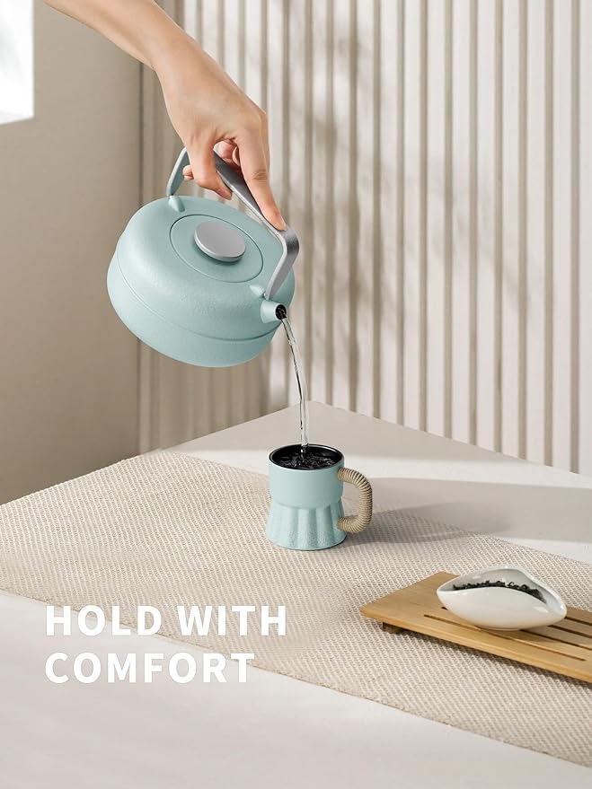 Toptier Teapot with Removable Infuser, Cast Iron Tea Kettle Stovetop Safe, Solid Geometry Cylinder Design Tea Pot Coated with Enameled Interior for 27 Ounce (800 ml), Babyblue - Bloomnest