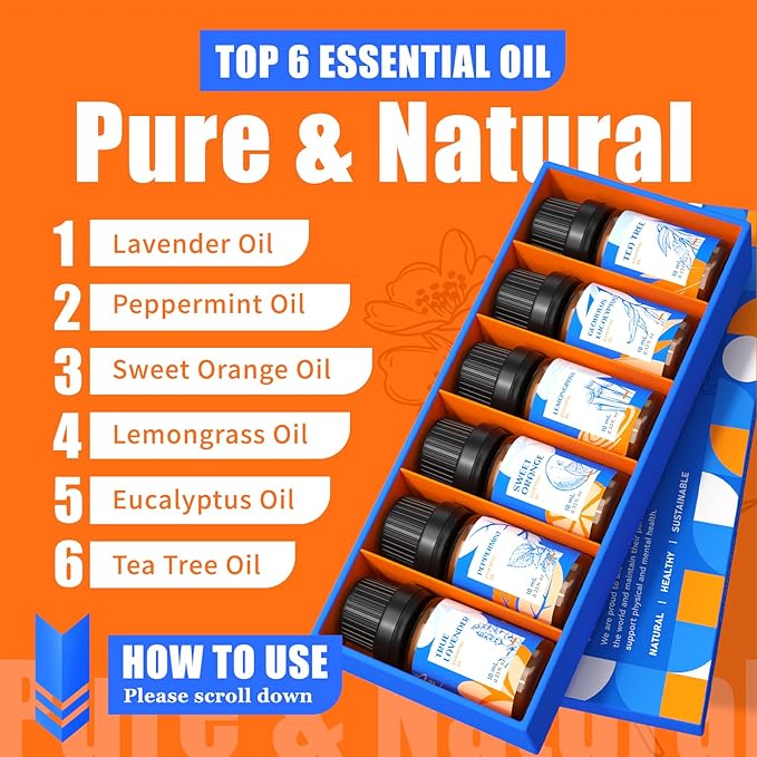 HIQILI Essential Oils for Diffusers for Home，Top 6 Gift Essential Oil Set，Include Lavender, Orange, Peppermint, Tea Tree, Eucalyptus, Lemongrass，Beginner Kit（10ML*6） - Bloomnest
