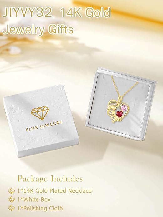14K Gold Double Birthstone Heart Necklace for Women Mom, Mother Son/Daughter Pendant Necklace for Christmas Mother's Day Birthday Gifts for Wife Daughter Grandmom - Bloomnest