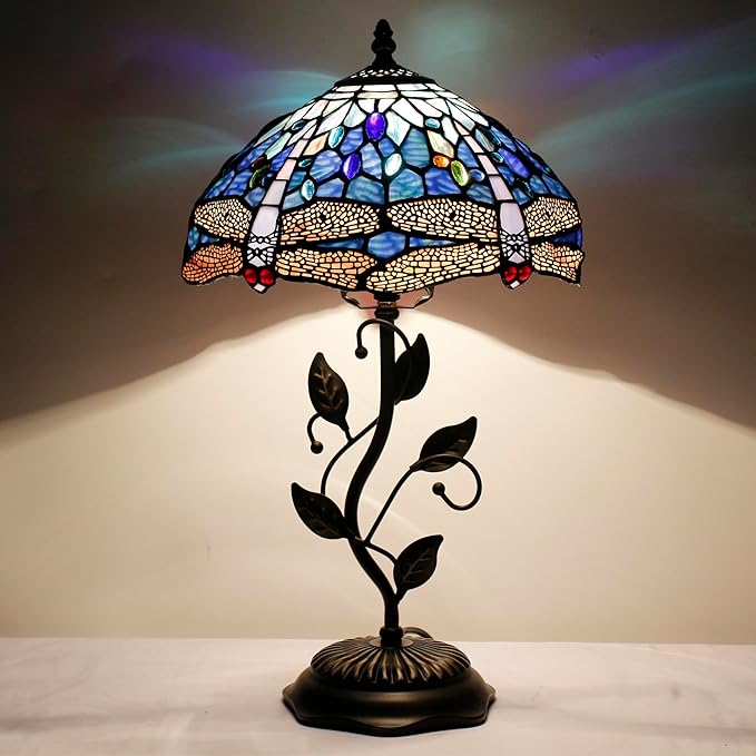 Tiffany Lamp Table Lamp Stained Glass Desk Lamps 12X12X19 Inches Reading Light Decor Bedroom Living Room (Blue Cloudy Dragonfly Style) - Bloomnest