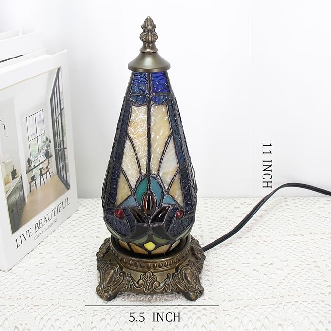 Small Tiffany Lamp Stained Glass Table Lamp 5.5X11 Inch Christmas Tree Lighthouse Mini Accent Memory Sympathy Antique Night Light for Bedroom Living Room (Stained Glass)