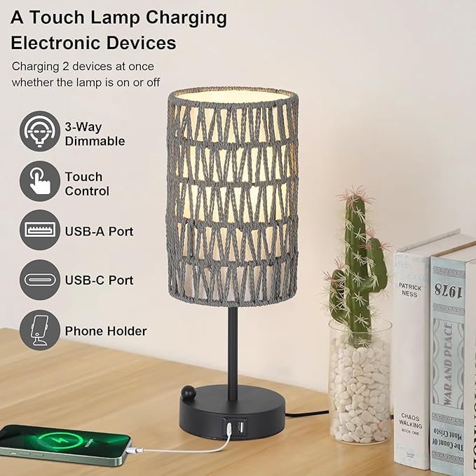 Touch Bedside Lamp For Bedroom with Bulb, Gray Boho Small Table Lamp For Living Room With Rattan & Linen Shade, 3 Way Dimmable Table Lamp For Nightstand With USB Charging Port & Phone Stand For Office - Bloomnest