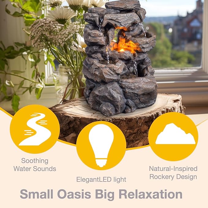 Cascading Indoor Tabletop Water Fountains with LED Light - Rockery Waterfall Fountain - Quiet and Relaxing Water Sound - Small 9.7 Inch Desktop Size - Home/Office Decor - Bloomnest