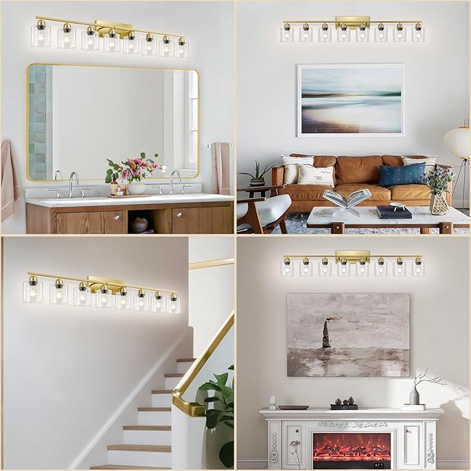 Modern Brushed Gold 8 Light Bathroom Light Fixtures, 52 inch Vanity Lights for Bathroom with Clear Glass for Mirror Kitchen Living Room Hallway Cabinet Porch - Bloomnest
