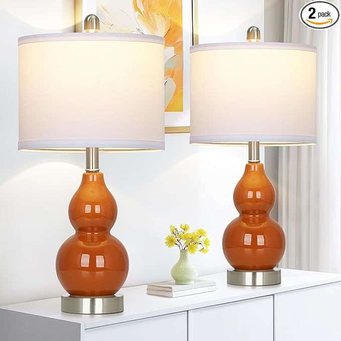 Double Gourd Ceramic Table Lamps Set of 2, Modern Red Bedside Lamps for Night Stand, Contemporary Nightstand Lamps for Bedroom Living Room (Bulb Included) - Bloomnest