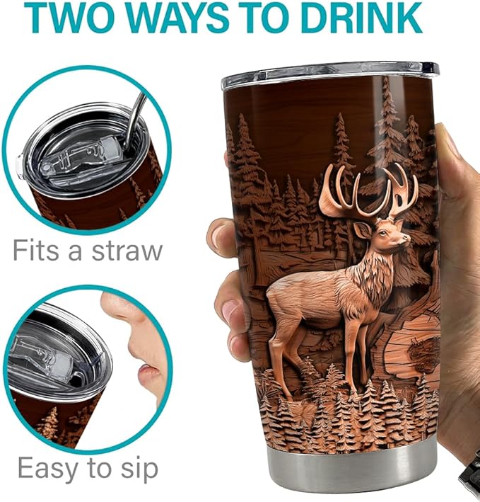 SANDJEST Deer Tumbler 20oz Stainless Steel Insulated Tumblers Coffee Travel Mug Cup Deer Gifts for Men Gift for Birthday Christmas - Bloomnest