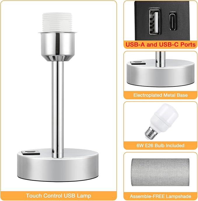 Grey Touch Nightstand Lamps for Girl - Small Bedside Lamp with USB-C and USB Charging Ports, 3 Way Dimmable Control Table Lamp for Living Room Office, Dorm, Reading with Fabric Shade Silver Base - Bloomnest