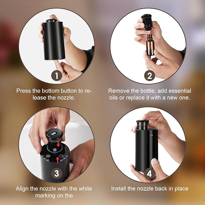 Waterless Essential Oil Diffuser, Battery Powered Mini Scent Air Machine, Aromatherapy Mist Diffuser for Home Room Car Office (Black-PP) - Bloomnest