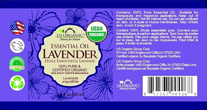 US Organic 100% Pure Lavender Essential Oil, Directly sourced from Bulgaria, USDA Certified Organic, Undiluted, for Diffuser, Humidifier, Massage, Skin, Hair Care, Non GMO, 30 ml - Bloomnest