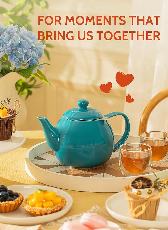 Sweese Teapot, Porcelain Tea Pot with Stainless Steel Infuser, Blooming & Loose Leaf Teapot - 27ounce, Steel Blue - Bloomnest