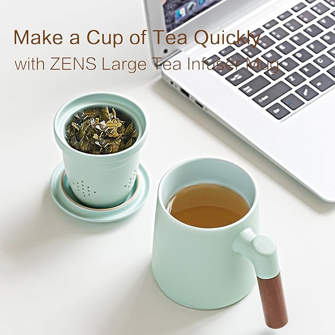 ZENS Tea Cup with Infuser and Lid for Loose Leaf Steeping, 16.9oz Embossed Ceramic Tea Infuser Mug, Wood Handle Tea Diffuser, Great Gift