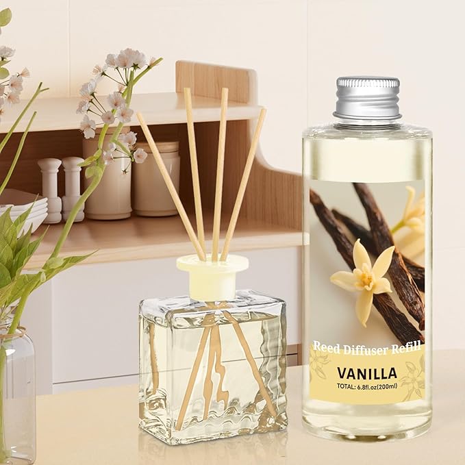 STRN Vanilla Essential Oil Reed Diffuser Refill 200ml Long-Lasting Aromatherapy, Natural Fragrance Liquid with Eco-Friendly Bottle for Home, Bedroom, Spa - Bloomnest