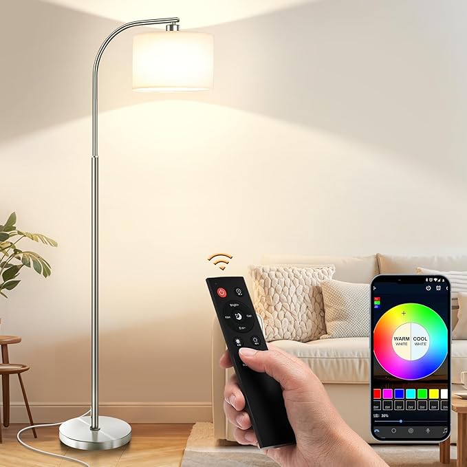 Floor Lamp for Living Room with Remote,Dimmable Standing Lamps,Modern Tall Floor Light with Smart RGB Bulb,App Control,3 Color Temperatures,Fabric Shades,Silver Floor Lamp for Bedroom Corner - Bloomnest