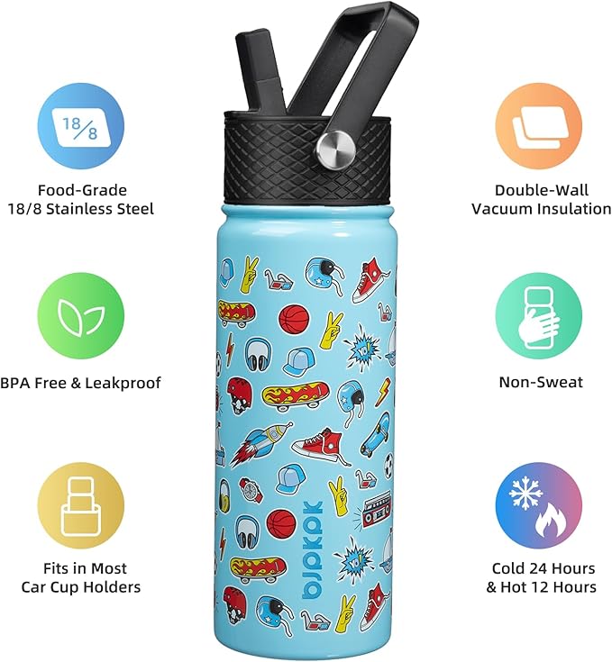 BJPKPK Insulated Water Bottle with Straw Lid, 18 oz Stainless Steel Metal Water Bottles, Reusable Leak Proof BPA Free Water Bottles, Cups, Thermo, Playground - Bloomnest