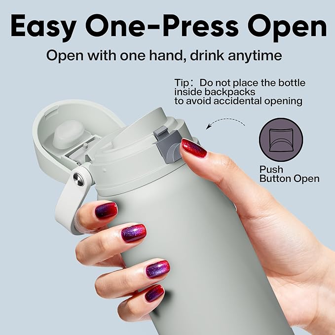 Insulated Water Bottle with Straw - Encool Stainless Steel Water Bottle with Push Button Lid, Leak-Proof & BPA-Free, Keeps Cold for 24 Hours for Sports, Travel, Gym (32 oz, Silver Grey) ENCOOL