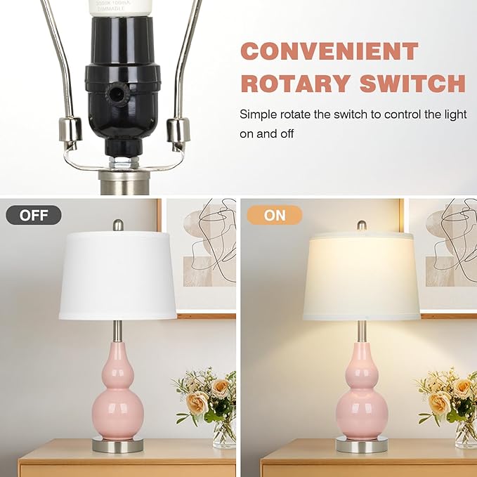 Pink Ceramic Lamps Set of 2, 25" Modern Double Gourd Ceramic Table Lamps for Living Room, Cute Bedside Nightstand Lamps with Fabric Shade for Bedroom End Table Home Office Girls Room(2 Bulbs Included) - Bloomnest