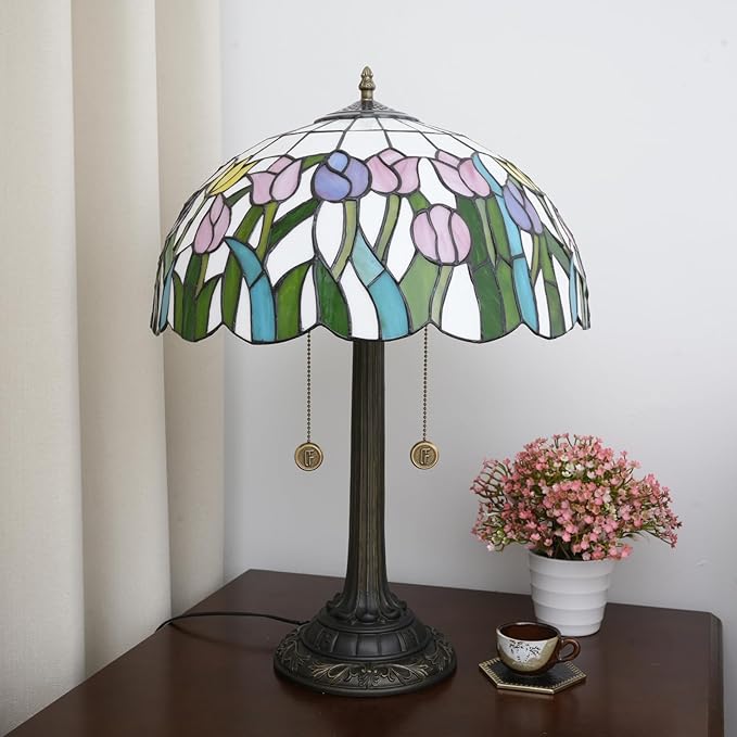 Tiffany Lamp Pink Yellow Tulips Stained Glass Table Lamp 16 inch Large Desk Light Antique Beside Reading Lamp for Home Living Room Bedroom Office - Bloomnest