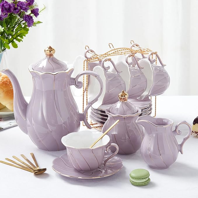 DUJUST 22 pcs Porcelain Tea Set for 6, Luxury British Style Tea/Coffee Cup Set with Golden Trim, Beautiful Tea Set for Women, Tea Party Set, Gift Package (With a Stand) - Purple - Bloomnest