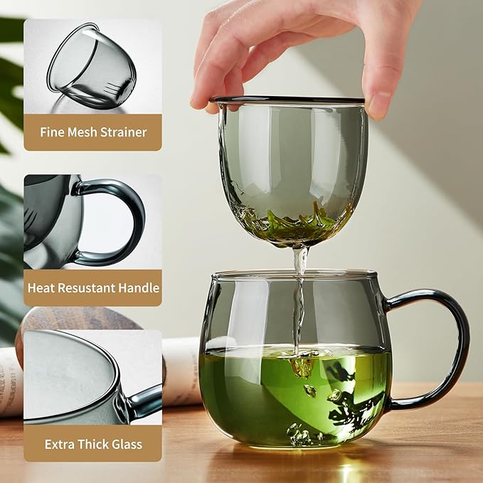 17 OZ Glass Tea Cup with Infuser and Lid, 500 ML Large Borosilicate Teacup, Clear Mug for Loose Leaf Tea, Blooming Tea, Tea Bags - Perfect Christmas or Birthday Gift for Women - Bloomnest