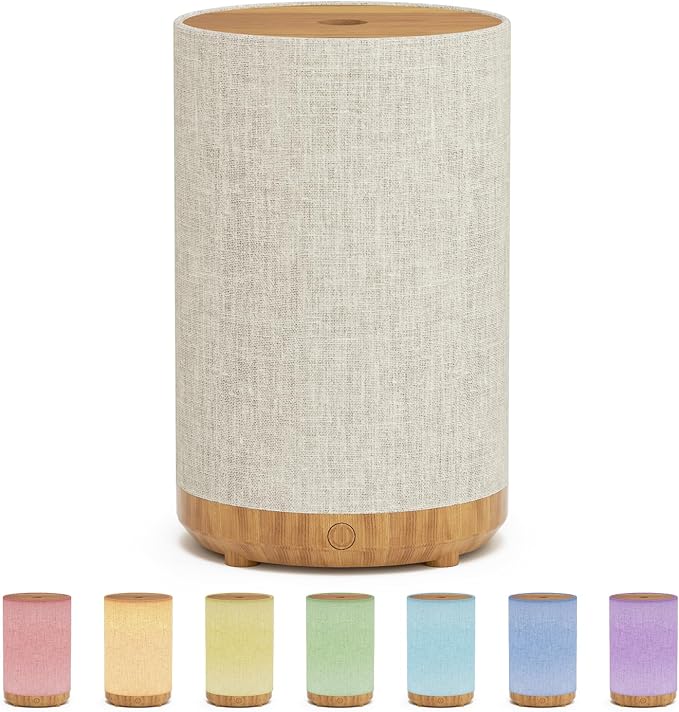 Essential Oil Diffuser with Fabric Cover, Small Portable Aroma Diffuser for Home 120ml, Ultrasonic Aromatherapy Oil Diffuser with 7 Colors LED, Auto Shut-Off Function, Mini Humidifier for Bedroom SNOWSEN