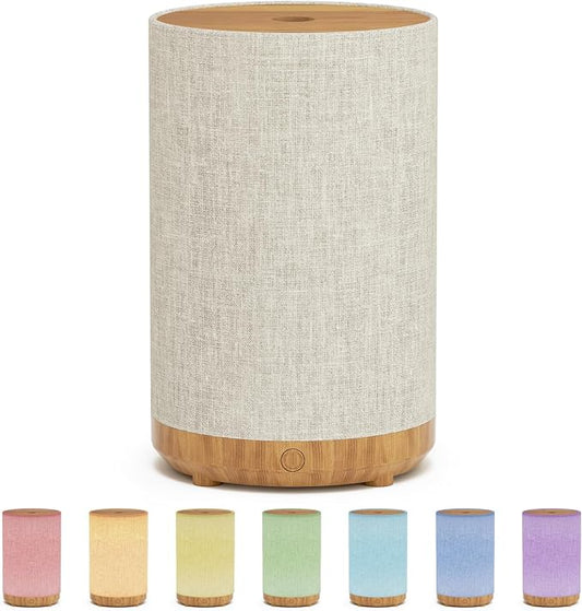 Essential Oil Diffuser with Fabric Cover, Small Portable Aroma Diffuser for Home 120ml, Ultrasonic Aromatherapy Oil Diffuser with 7 Colors LED, Auto Shut-Off Function, Mini Humidifier for Bedroom SNOWSEN