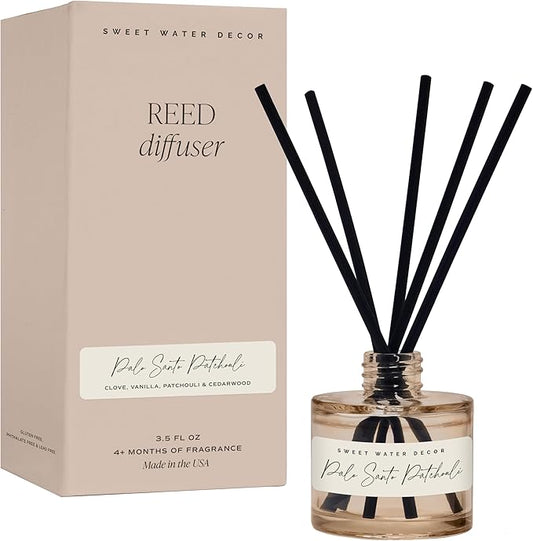 Sweet Water Decor Palo Santo Patchouli Reed Diffuser – Room Decor Aesthetic with Long-Lasting Premium Fragrance of Clove, Nutmeg, Cedarwood for 4 Months – Ideal for Aromatherapy and Home Decor