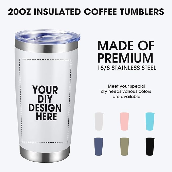 Personalized Custom Tumbler Print in USA 24 Pcs 20oz Stainless Steel Coffee Cup with Lid & Straw Double Wall Insulated Tumbler with Colorful Text Logo Photo - Bloomnest