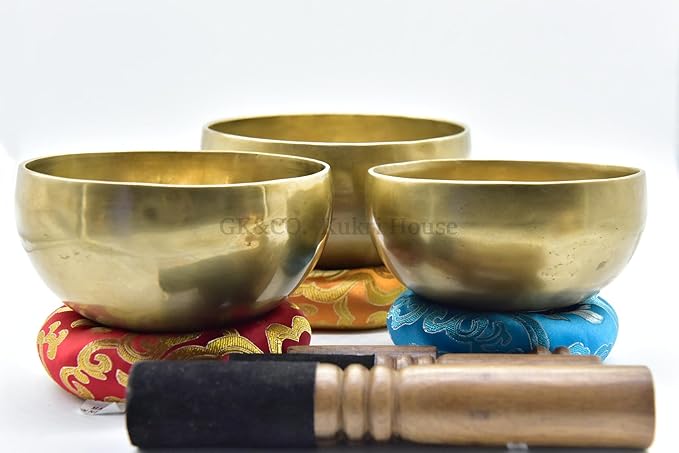 Chakra Healing Tibetan Singing Bowls Set of 3 pieces ~ Hand Hammered Himalayan Yoga Meditation Bowls - 4.5" to 5.5" - included 3 Mallets, and 3 cushions. Handmade in Nepal GKCOKukriHouse