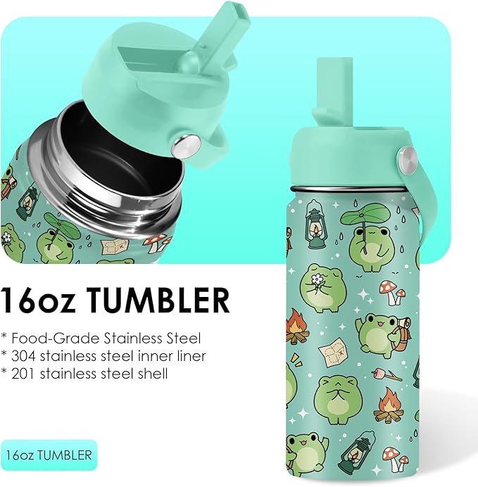 Frog Gifts for Kids - 16oz Cute Green Frog Water Bottle with Straw Lid, Stainless Steel Insulated Tumbler, Leakproof, BPA-Free, for Boys & Girls, School - Animal Frogs Lovers Birthday Gift Cup (1pc) - Bloomnest