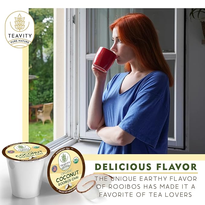Coconut Rooibos Chai Tea Pods for Keurig - Organic Ginger Tea, Rooibos, Cinnamon, Cardamom, Coconut & Chai by Teavity (24 Tea Pods) - Bloomnest