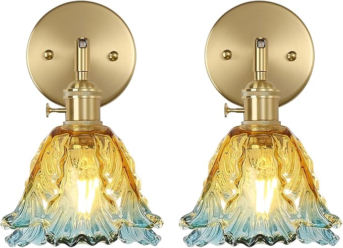 Vintage Wall Sconces Set of 2, Cabbage Yellow Lampshade & 180 Degree Adjustable, Brass Wall Lights, for Bedroom Living Room Hallway Aisle, Bulbs Not Included, ETL Listed - Bloomnest