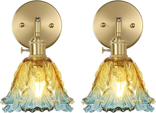Vintage Wall Sconces Set of 2, Cabbage Yellow Lampshade & 180 Degree Adjustable, Brass Wall Lights, for Bedroom Living Room Hallway Aisle, Bulbs Not Included, ETL Listed - Bloomnest