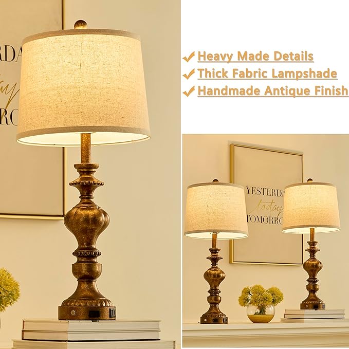 27.5" Farmhouse Table Lamps Set of 2 Bedside Nightstand Lamp with USB C+A Ports & AC Outlet, 3 Way Dimmable Touch Lamps for Bedroom Living Room Office Hallway Rustic Traditional Lamp (Copper) - Bloomnest