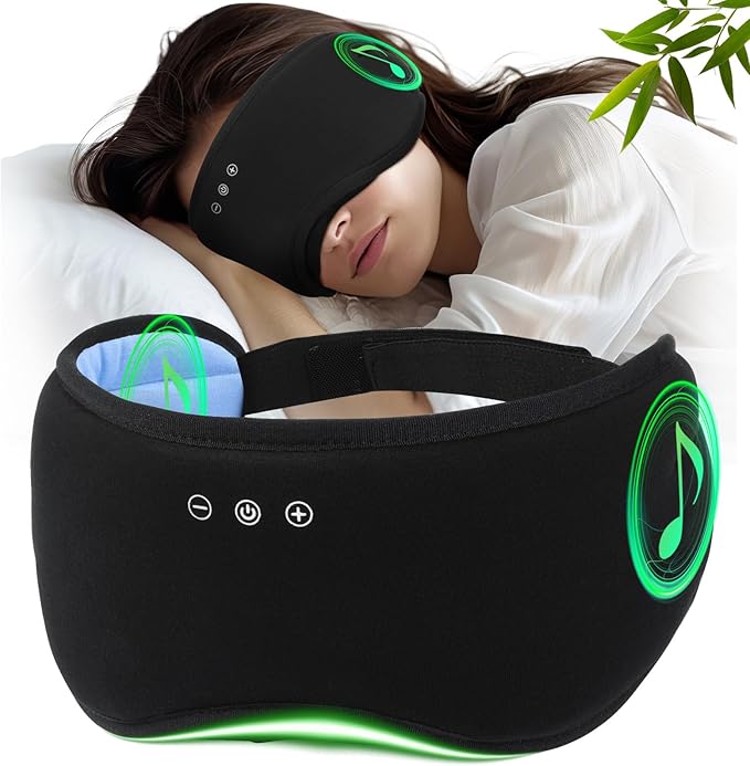 Sleep Headphones with Bluetooth 5.4 Sleep Mask, Bamboo Cotton Music Wireless Bluetooth Eye Mask for Sleeping, Earphones HD Speaker Microphone for Travel, Gifts for Men Women, Black - Bloomnest