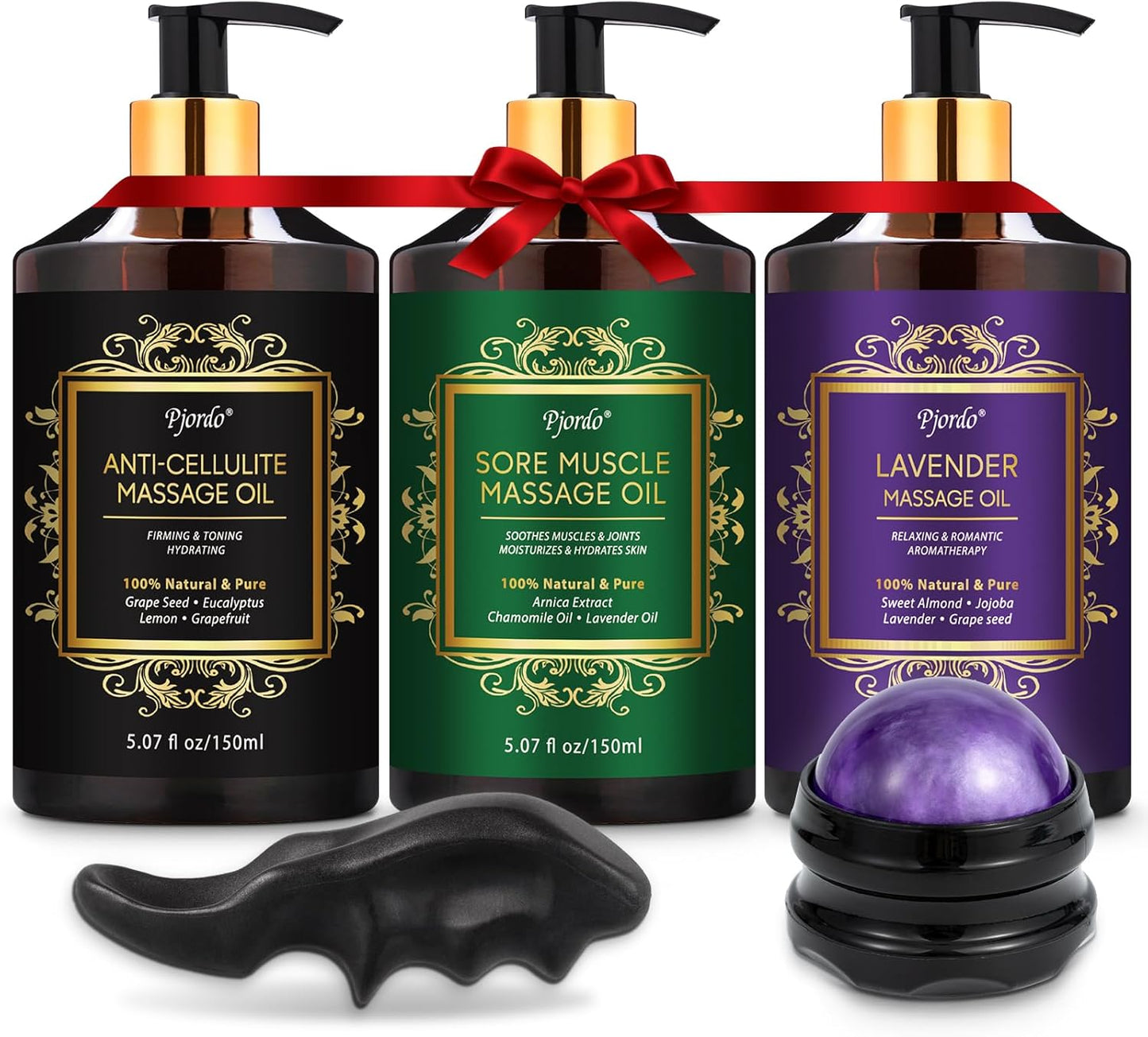3 Pack Massage Oil for Massage Therapy, Lavender Oil for Relaxation, Sore Muscle Arnica Oil & Cellulite Massage Oil, with Massage Roller Ball & Thumb Saver Massage Tool, Massage Kit for Him Her