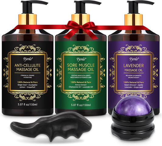 3 Pack Massage Oil for Massage Therapy, Lavender Oil for Relaxation, Sore Muscle Arnica Oil & Cellulite Massage Oil, with Massage Roller Ball & Thumb Saver Massage Tool, Massage Kit for Him Her