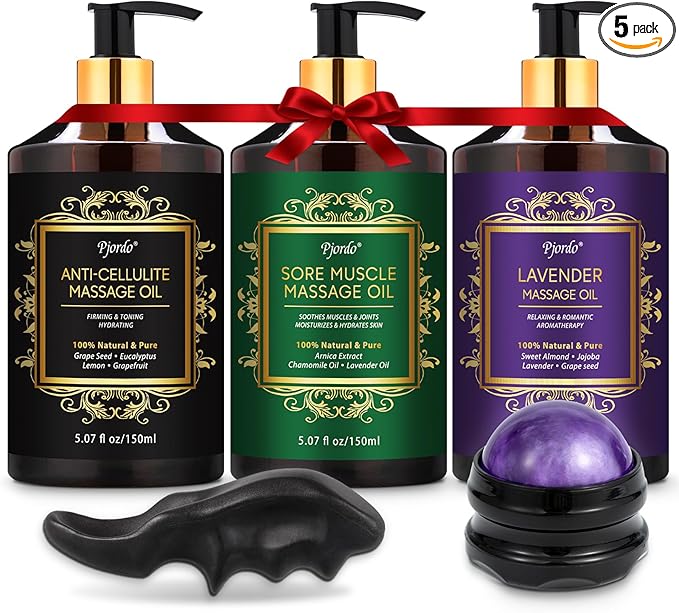 3 Pack Massage Oil for Massage Therapy, Lavender Oil for Relaxation, Sore Muscle Arnica Oil & Cellulite Massage Oil, with Massage Roller Ball & Thumb Saver Massage Tool, Massage Kit for Him Her - Bloomnest
