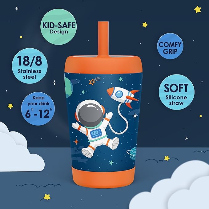 Kid Insulated Stainless Steel Tumbler with Silicone Straw, 12oz Sippy Cup for Kids (Astronaut) - Bloomnest