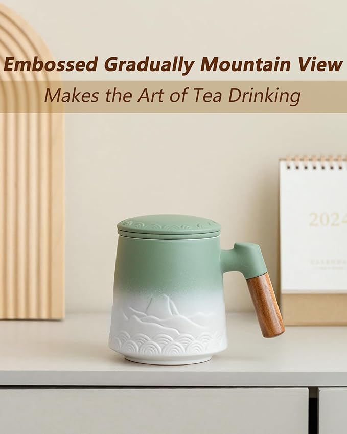 ZENS Tea Mug with Infuser and Lid for Loose Leaf Steeper, 16.9 oz Embossed Ceramic Tea Cup with Fine Tea Strainers, Wood Handle Large Tea Diffusers Mugs for Tea Lovers Gifts