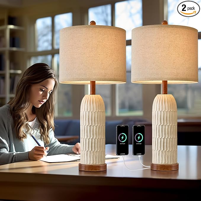 OYEARS 26.5" Table Lamp Set of 2 for Bedroom Living Room with USB A+C Charging Ports Modern Farmhouse Bedside End Lamps Rustic Nightstand Lamps,Brown - Bloomnest