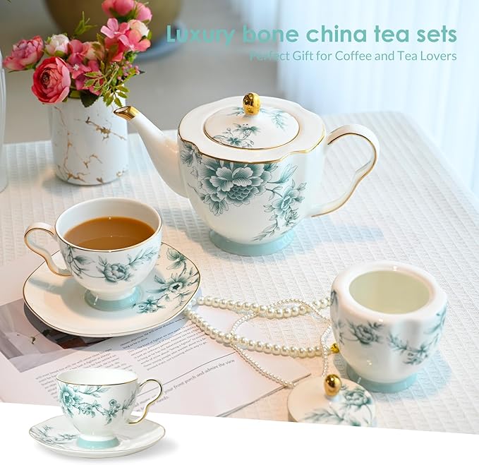 ACMLIFE Bone China Tea Cups and Saucers for 1, 6.8 oz Teacup Set for Adults, with Gold Trim and Gift Box, Blue and White Chinese English British Wedding Tea Set for One Coffee Cup Set (Blue-Leaf) - Bloomnest