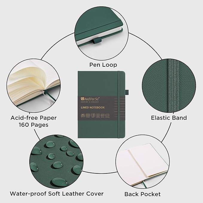 &And Per Se Lined Journal Notebook, 160 Pages, A5 5.7 x 8 inches College Ruled Thick Paper Notebook Journals for Writing, Hardcover Notebooks for Women Men Office School (1 Pack, Green)