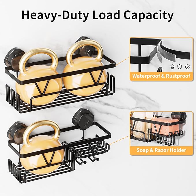 KEGII Shower Caddy Suction Cup, 4 Pack Suction Shower Shelf with Towel Rack No Drilling, Removable Shower Organizer with Hooks & Soap Holder, Space-Saving Bathroom Storage (Black) - Bloomnest