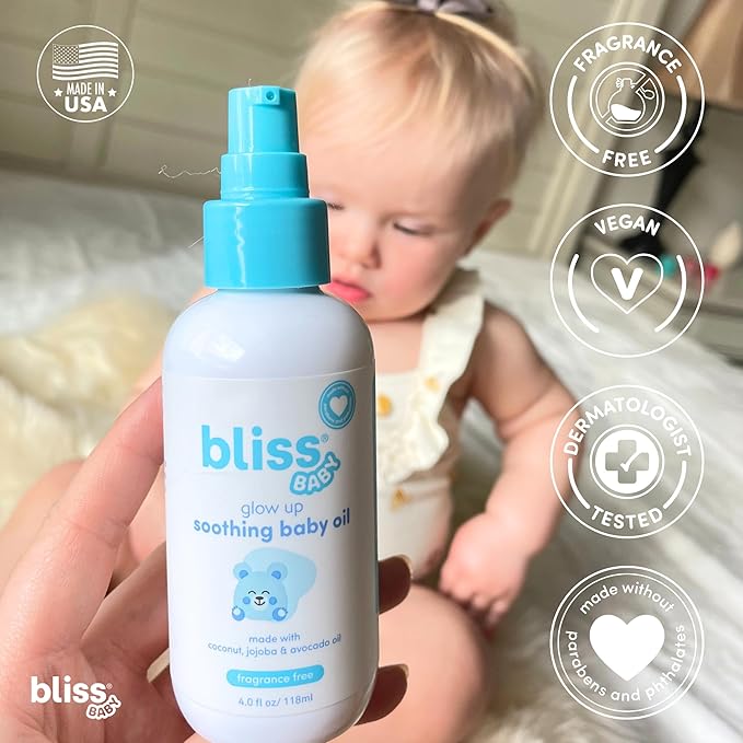 Bliss Baby Oil, All Natural, Premium & Unscented, Vegan - Made with Organic Avocado Oil, Coconut Oil, Dermatologist Tested, Soothing & Hydrating Baby Massage Oil, Travel Size 4 fl. Oz. - Bloomnest