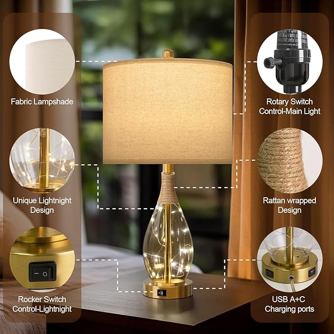 OYEARS 23" Table Lamps for Living Room Set of 2 Bedside Lamps for Night Stands Bedroom Lamps Farmhouse Rattan Boho Lamp Glass Nightlight End Table Lamp with USB C+A (Gold),Two Light Points - Bloomnest