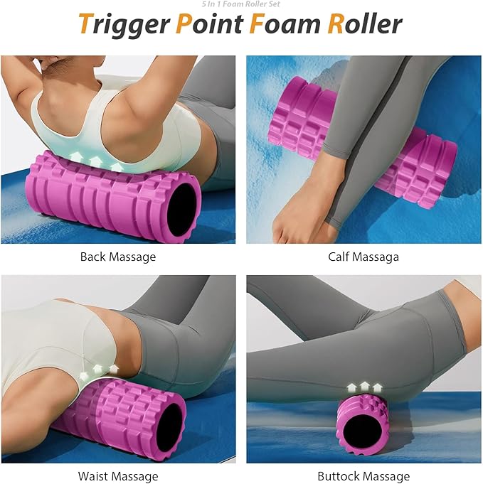 5 in 1 Foam Roller Set for Deep Tissue Muscle Massage, High Density Fitness Exercise Foam Roller, Massage Roller, Massage Ball, Resistance Band, for Whole Body (Pink-Black)